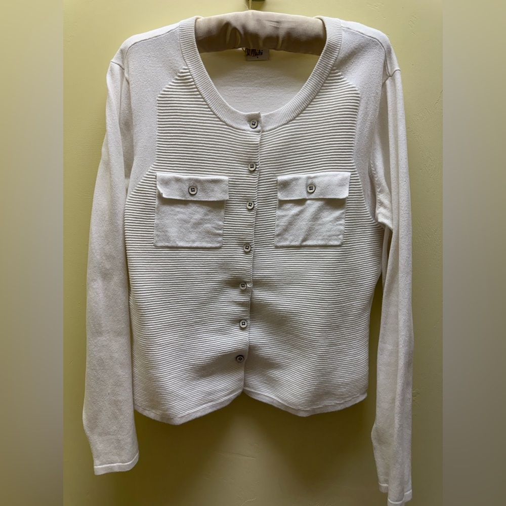 Cabi Size L White Fencing Button Down Long Sleeve Cardigan Pockets
